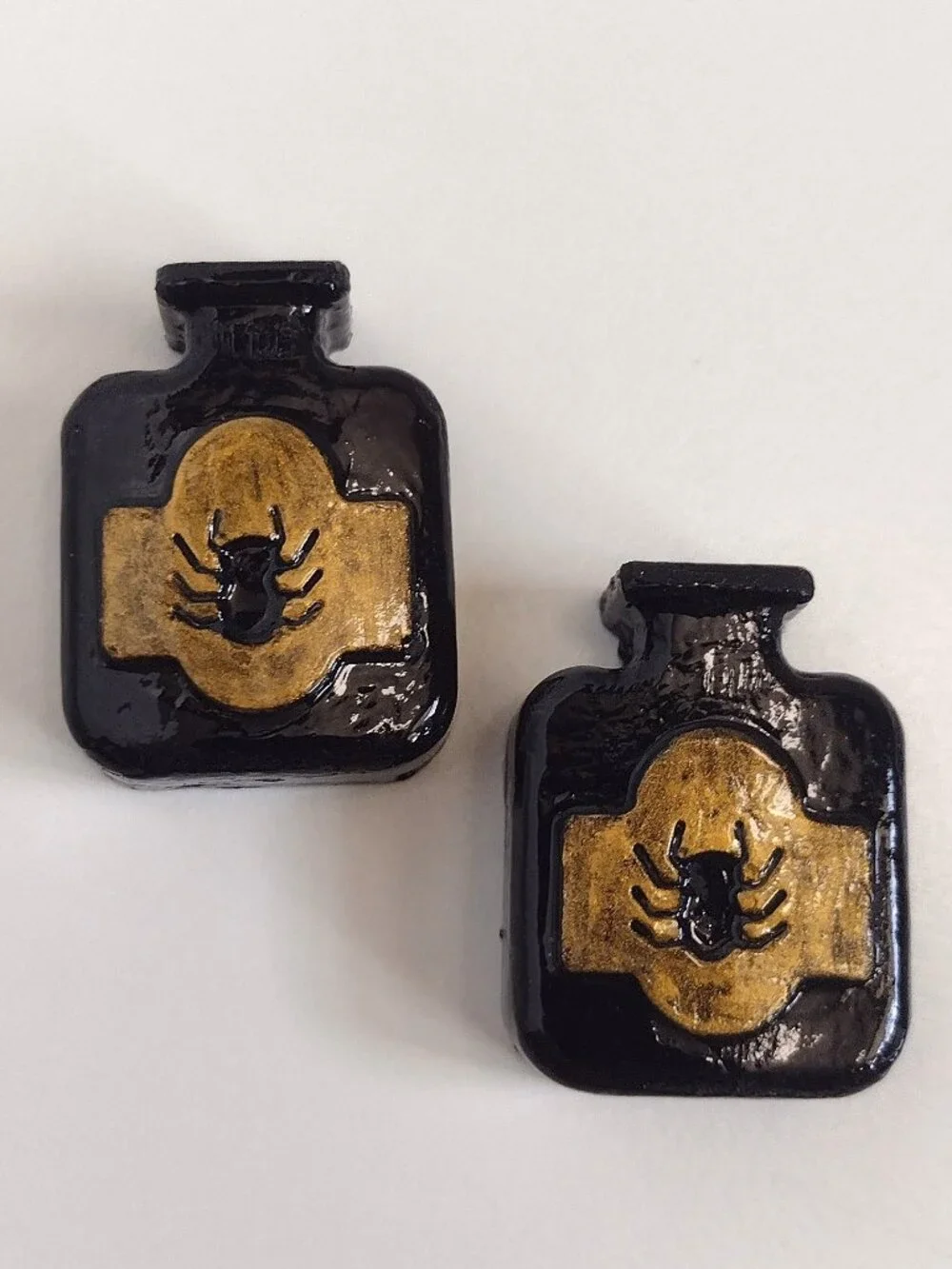 2 Black & Gold Gothic Halloween Apothecary Bottles, Spiders, Flat-back Hand-cast